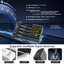LiitoKala Lii-600 smart charger featuring selectable 250mA to 3000mA (3A) charging currents, high-definition touch screen LCD display, and DC 12V/5A power adapter input.