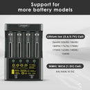 LiitoKala Lii-600 charger compatibility chart supporting Li-ion 18650, 21700, 26650, 26500 and NiMH AA, AAA, A, SC, C, D batteries.