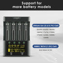 LiitoKala Lii-600 charger compatibility chart supporting Li-ion 18650, 21700, 26650, 22650, 18500 and NiMH AA, AAA, A, SC, C, D batteries.