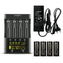 LiitoKala Lii-600 smart charger and tester kit with 4x LiitoKala Lii-50A 26650 5000mAh button top batteries, EU plug, featuring 3A fast charge and internal resistance test.