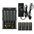 LiitoKala Lii-600 smart charger and tester kit with 4x LiitoKala Lii-50A 26650 5000mAh button top batteries, UK plug, featuring 3A fast charge and internal resistance test.