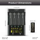 Detailed dimensions of LiitoKala Lii-600 charger (165mm x 115mm x 40mm) and Lii-50A 26650 battery (26.3mm diameter x 65.2mm height).