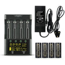 LiitoKala Lii-600 smart charger and tester kit with 4x LiitoKala Lii-50A 26650 5000mAh flat top batteries, UK plug, featuring 3A fast charge and internal resistance test.

