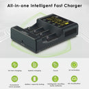 LiitoKala Lii-600 professional smart charger with overcharge, over-discharge, overcurrent, short circuit, 0V activation and smart temperature control protection.