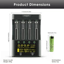 Detailed dimensions of LiitoKala Lii-600 charger (165mm x 115mm x 40mm) and Panasonic NCR18650GA battery (18.6mm diameter x 65.2mm height).