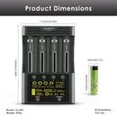 Detailed dimensions of LiitoKala Lii-600 charger (165mm x 115mm x 40mm) and Panasonic NCR18650GA battery (18.6mm diameter x 65.2mm height).