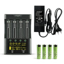 LiitoKala Lii-600 smart charger and tester kit with 4x Panasonic NCR18650GA button top 3500mAh batteries, EU plug, featuring 3A fast charging and internal resistance test.