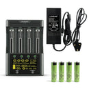 LiitoKala Lii-600 smart charger and tester kit with 4x Panasonic NCR18650GA button top 3500mAh batteries, UK plug, featuring 3A fast charging and internal resistance test.