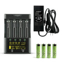 LiitoKala Lii-600 smart charger and tester kit with 4x Panasonic NCR18650GA button top 3500mAh batteries, US plug, featuring 3A fast charging and internal resistance test.