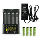 LiitoKala Lii-600 smart charger and tester kit with 4x Panasonic NCR18650GA flat top 3500mAh batteries, EU plug, featuring 3A fast charging and internal resistance test.