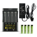  LiitoKala Lii-600 smart charger and tester kit with 4x Panasonic NCR18650GA flat top 3500mAh batteries, UK plug, featuring 3A fast charging and internal resistance test.
