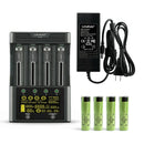 LiitoKala Lii-600 smart charger and tester kit with 4x Panasonic NCR18650GA flat top 3500mAh batteries, US plug, featuring 3A fast charging and internal resistance test.