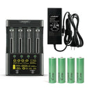 LiitoKala Lii-600 smart charger and tester kit with 4x Samsung INR21700-50S button top 5000mAh batteries, US plug, featuring 3A fast charge and internal resistance test.
