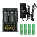 LiitoKala Lii-600 smart charger and tester kit with 4x Samsung INR21700-50S flat top 5000mAh batteries, UK plug, featuring 3A fast charge and internal resistance test.