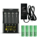LiitoKala Lii-600 smart charger and tester kit with 4x Samsung INR21700-50S flat top 5000mAh batteries, US plug, featuring 3A fast charge and internal resistance test.