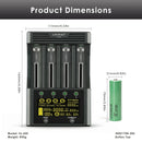 Detailed dimensions of the LiitoKala Lii-600 charger (165mm x 115mm x 40mm) and Samsung INR21700-50S battery (21mm diameter x 70.3mm height).