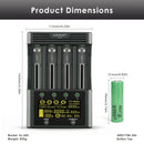 Detailed dimensions of the LiitoKala Lii-600 charger (165mm x 115mm x 40mm) and Samsung INR21700-50S battery (21mm diameter x 70.3mm height).