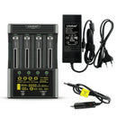 LiitoKala Lii-600 4-slot smart charger with EU plug, including a 12V car adapter for on-the-go charging and testing. Batteries not included.
