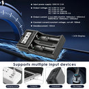 LiitoKala Lii-CH2 charger showing 500mA/1000mA charging current, high-definition LCD screen with real-time voltage and percentage, and modern Type-C USB input for power banks and laptops.