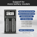 LiitoKala Lii-CH2 charger compatibility chart supporting 1.5V Li-ion, 1.2V NiMH/NiCd, 3.2V LiFePO4, and 3.7V Li-ion batteries in sizes 26650, 21700, 20700, 18650, 18350, 14500, 10440, AA, AAA, SC, C.