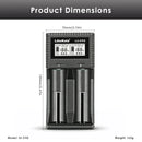 LiitoKala Lii-CH2 charger detailed dimensions measuring 139mm length by 70mm width, weighing 162g with input voltage and charging current specifications.