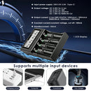 LiitoKala Lii-CH4 charger showing 500mA/1000mA adjustable charging current, high-definition LCD screen with real-time voltage and percentage, and modern Type-C USB input for power banks and laptops.