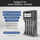 LiitoKala Lii-CH4 charger compatibility chart supporting 1.5V Li-ion, 1.2V NiMH/NiCd, 3.2V LiFePO4, and 3.7V Li-ion batteries in sizes 26650, 21700, 20700, 18650, 18350, 14500, 10440, AA, AAA, SC, C.