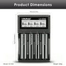 LiitoKala Lii-CH4 charger detailed dimensions measuring 144mm length by 99mm width by 35mm height, with input voltage and charging current specifications.
