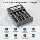 LiitoKala Lii-CH4 charger featuring full auto stop, automatic identification, hybrid charging, reverse polarity protection, 0V activation, constant voltage/current charging, and overheat protection.
