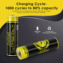 LiitoKala Lii-King4000 18650 4000mAh Button Top battery capacity and cycle life chart showing true tested capacity of 3900-4000mAh, 12A high-drain performance, and 1000 cycle life.