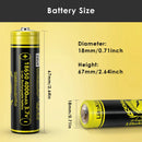  LiitoKala Lii-King4000 18650 4000mAh Button Top battery detailed dimensions measuring 67mm length by 18mm diameter, with 3.7V nominal voltage and 12A (3C) discharge specs.