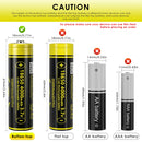 LiitoKala Lii-King4000 18650 battery terminal guide showing the Button Top (67mm) version with 12A discharge support. Adds ~2mm length, ideal for flashlights and spring-loaded devices.
