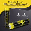 LiitoKala Lii-King4000 18650 4000mAh Flat Top battery capacity and cycle life chart showing true tested capacity of 3900-4000mAh, 12A high-drain performance, and 1000 cycle life.