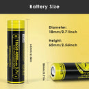 LiitoKala Lii-King4000 18650 4000mAh Flat Top battery detailed dimensions measuring 65mm length by 18mm diameter, with 3.7V nominal voltage and 12A (3C) discharge specs.