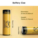 LiitoKala Lii-King6000 21700 6000mAh Flat Top battery detailed dimensions measuring 21.65mm diameter by 70.95mm height, with 3.7V nominal voltage, 6A discharge, and ≤15mΩ internal resistance specs.