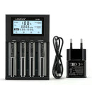LiitoKala Lii-M4 4-slot smart battery charger with Type-C input, USB output power bank function, LCD display, and capacity test mode. Charger and cable only, wall adapter NOT included.EU