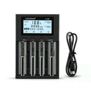 LiitoKala Lii-M4 4-slot smart battery charger with Type-C input, USB output power bank function, LCD display, and capacity test mode. Charger and cable only, wall adapter NOT included.