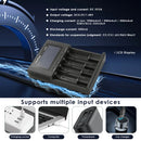  LiitoKala Lii-M4 charger showing 500mA/1000mA adjustable charging current, high-definition LCD screen with real-time voltage and capacity data, and USB output used as a power bank for mobile phones.
