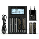 LiitoKala Lii-M4 4-slot smart charger kit with EU plug adapter and 4x 18650 3500mAh button top batteries. Includes power bank function and capacity test mode.