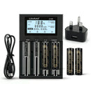 LiitoKala Lii-M4 4-slot smart charger kit with UK plug adapter and 4x 18650 3500mAh button top batteries. Includes power bank function and capacity test mode.