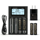 LiitoKala Lii-M4 4-slot smart charger kit with US plug adapter and 4x 18650 3500mAh button top batteries. Includes power bank function and capacity test mode.
