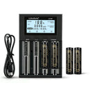 LiitoKala Lii-M4 4-slot smart charger kit with 4x 18650 3500mAh button top batteries. Includes power bank function, Type-C input, USB output, and capacity test mode. No wall adapter included.