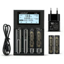  LiitoKala Lii-M4 4-slot smart charger kit with EU plug adapter and 4x 18650 3500mAh flat top batteries. Includes power bank function and capacity test mode.