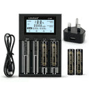 LiitoKala Lii-M4 4-slot smart charger kit with UK plug adapter and 4x 18650 3500mAh flat top batteries. Includes power bank function and capacity test mode.