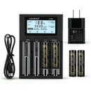  LiitoKala Lii-M4 4-slot smart charger kit with US plug adapter and 4x 18650 3500mAh flat top batteries. Includes power bank function and capacity test mode.