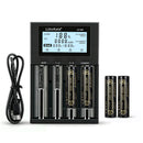 LiitoKala Lii-M4 4-slot smart charger kit with 4x 18650 3500mAh flat top batteries. Includes power bank function, Type-C input, USB output, and capacity test mode. No wall adapter included.