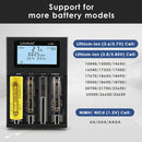 LiitoKala Lii-M4 charger compatibility chart supporting 3.7V/3.8V Li-ion and 1.2V NiMH/NiCd batteries in sizes 26650, 21700, 20700, 18650, 18350, 16340, 14500, 10440, AA, AAA, AAAA.