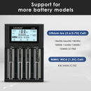 LiitoKala Lii-M4 charger compatibility chart supporting 3.7V/3.8V Li-ion and 1.2V NiMH/NiCd batteries in sizes 26650, 21700, 20700, 18650, 18350, 16340, 14500, 10440, AA, AAA, AAAA.