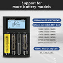 LiitoKala Lii-M4 charger compatibility chart supporting 3.7V/3.8V Li-ion and 1.2V NiMH/NiCd batteries in sizes 26650, 21700, 20700, 18650, 18350, 16340, 14500, 10440, AA, AAA, AAAA.