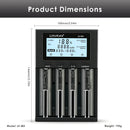 LiitoKala Lii-M4 charger detailed dimensions measuring 100mm width by 133mm length by 35mm height, with input voltage and charging current specifications.